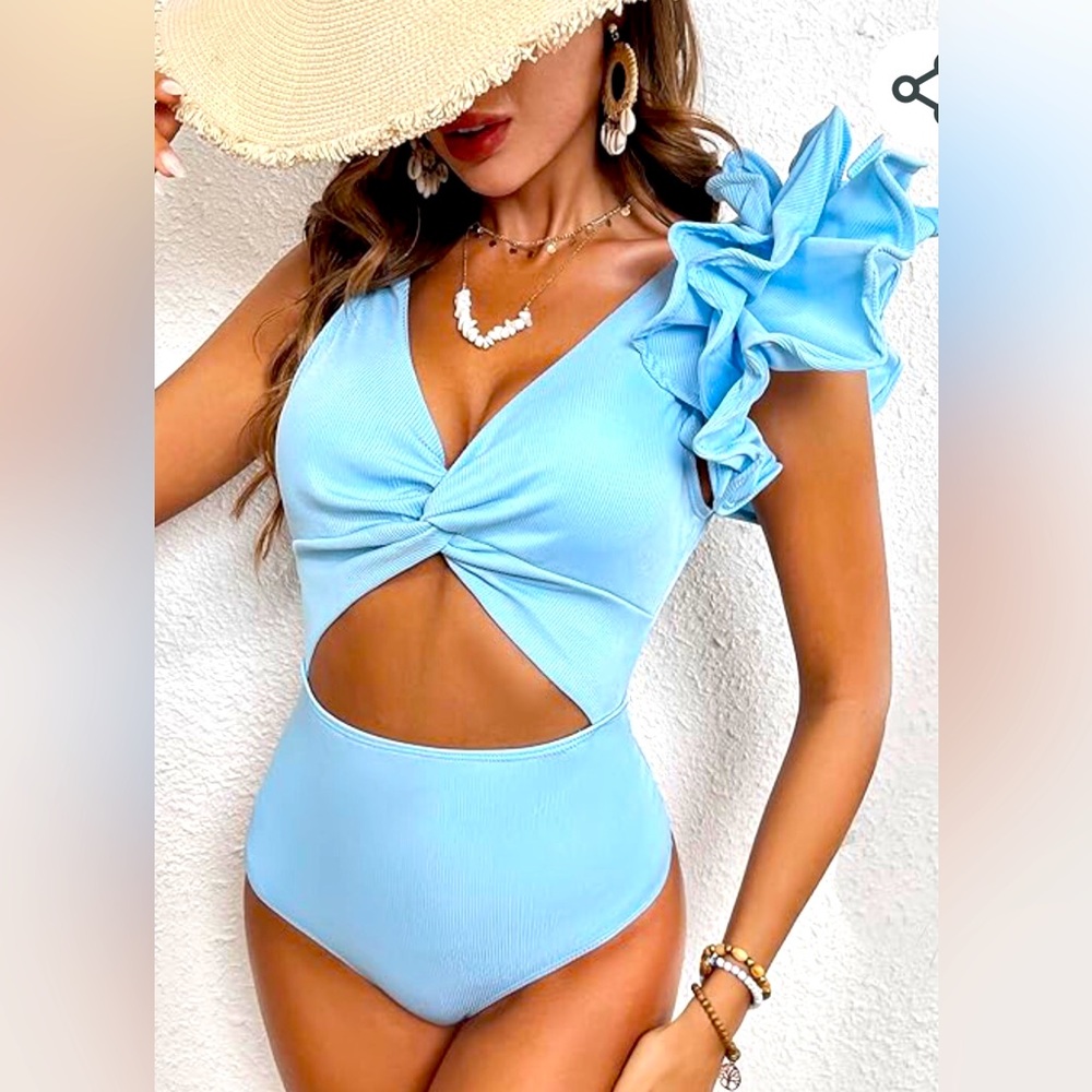 Macy's Light Blue One-Shoulder Ruffle Swimsuit
